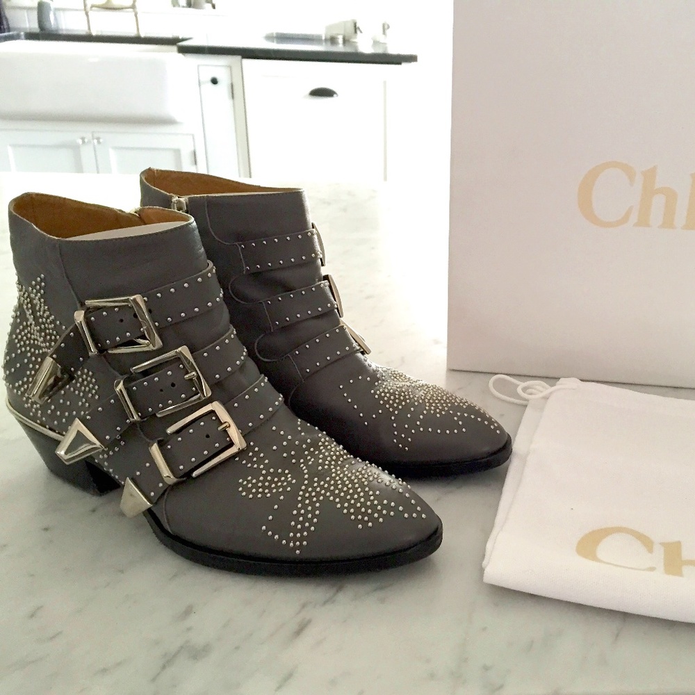 CHLOE Susanna Studded Boots in Charcoal grey Leather size W 36.5